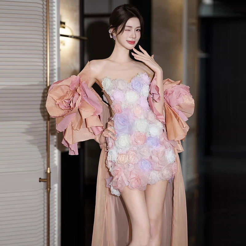 Luxury Strapless Short Evening Dress New 3D Flower With Flare Sleeve Tulle Trailing Party Birthday Dresses Female Prom Dress