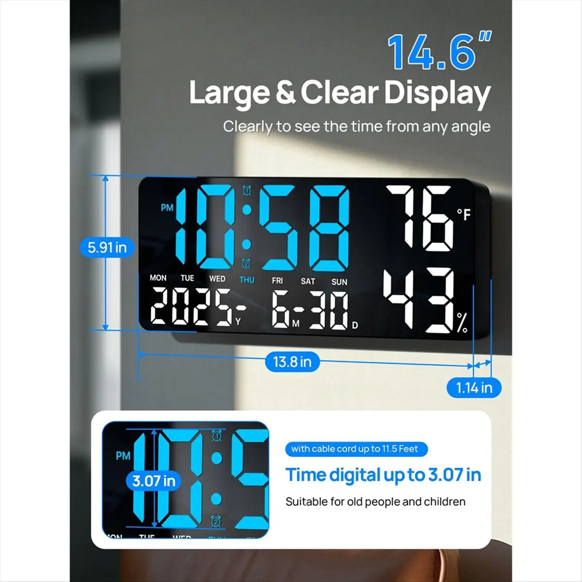 

*ESTR 13.8in Large Digital WallClock with Remote Control,Dual Alarm with Big LED Screen Dispaly,Night Light,Humidity,Date,Week