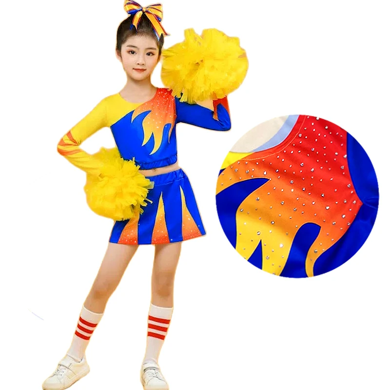 Pompoms And Socks Girls Cheerleading Uniform Flash Drill Dance Costume Long Sleeves Women Cheerleader Outfit Round Neckline