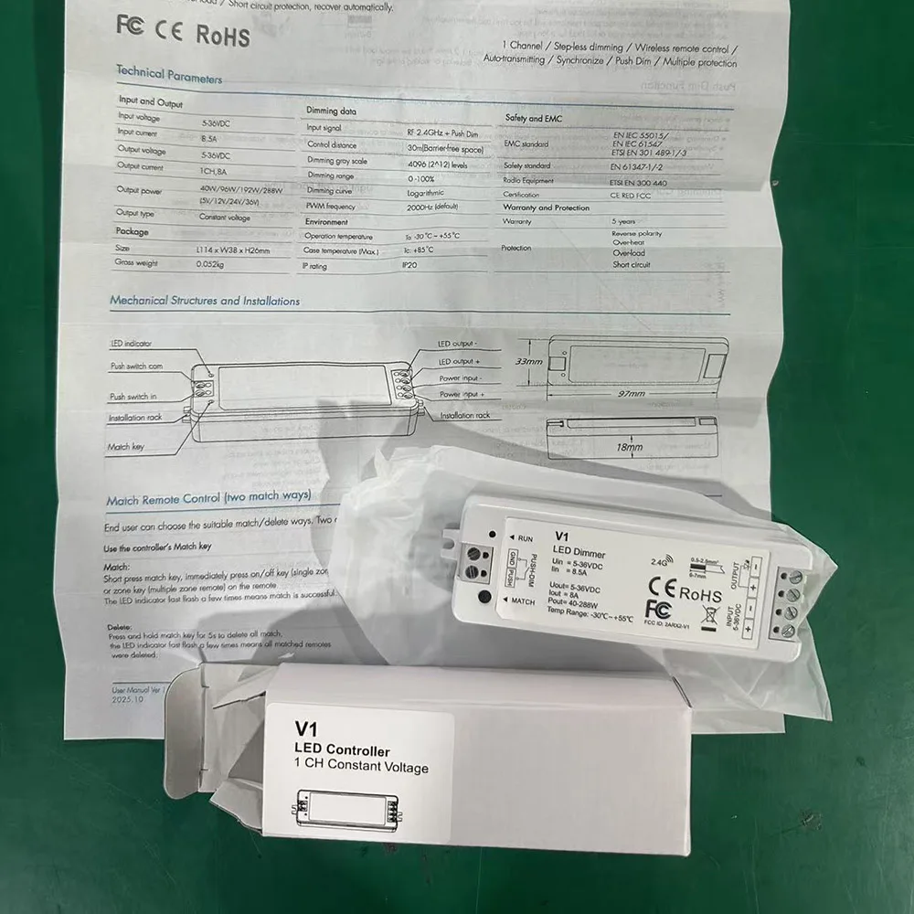 

Беспроводной контроллер-диммер V1 DC 5В/12В/24В 8А PWM с сенсорным радиочастотным пультом для одноцветных светодиодных лент COB 5050 3528 с регулировкой яркости