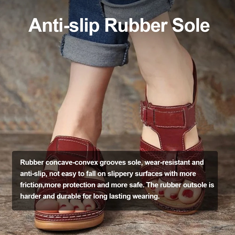 صنادل نسائية كلاسيكية ذات نعل سميك سهلة الارتداء عند أصابع مفتوحة، صنادل جلدية مريحة للمشي على الشاطئ مع دعم قوس للصيف