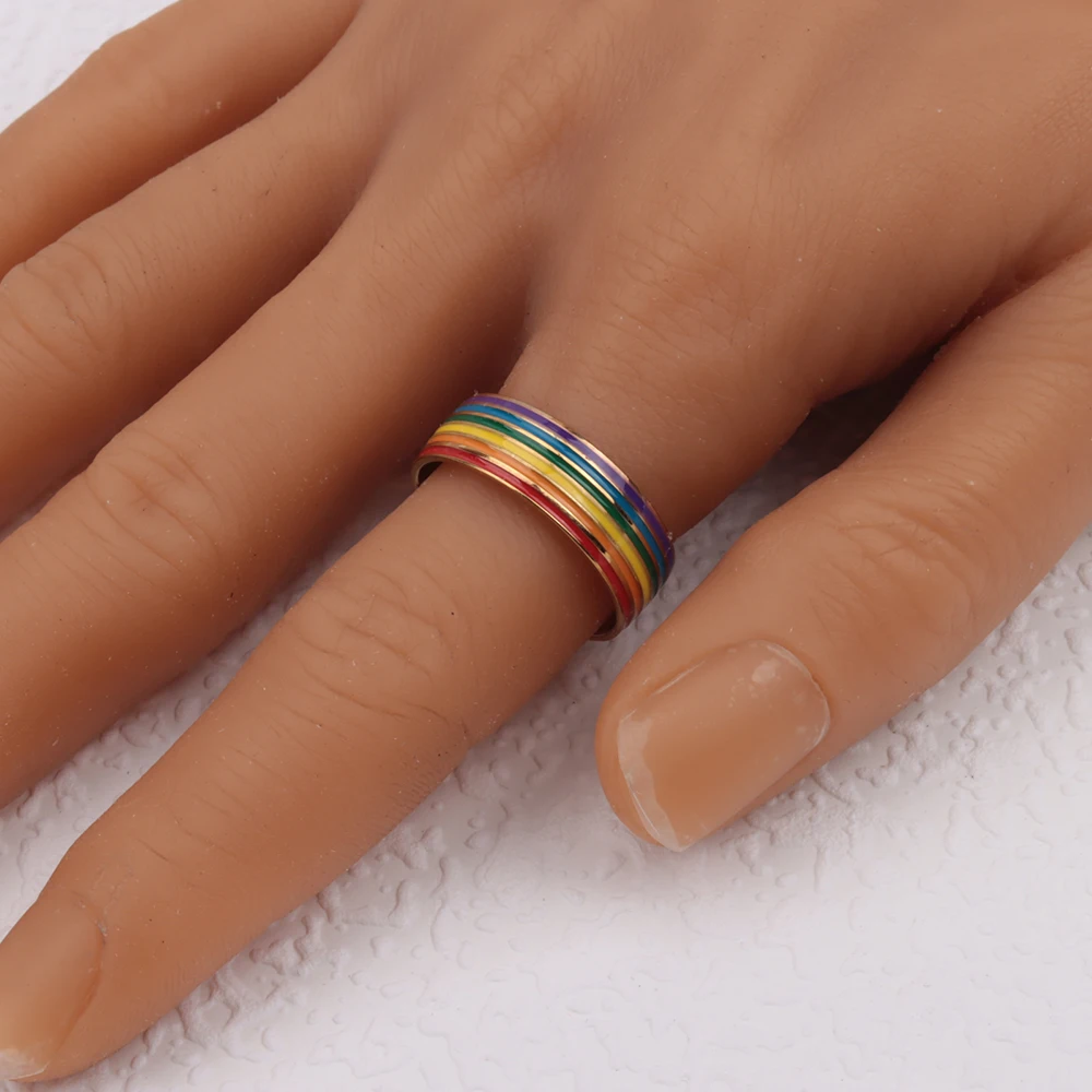 30pcs Wholesale 6 Row Color Enamel Waterproof Men Ring Rainbow Stripe Stainless Steel Ring For Women Colorful Band Ring Lovers G
