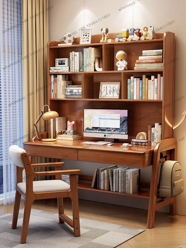 Solid wood bedroom liftable writing table household desk bookshelf combination