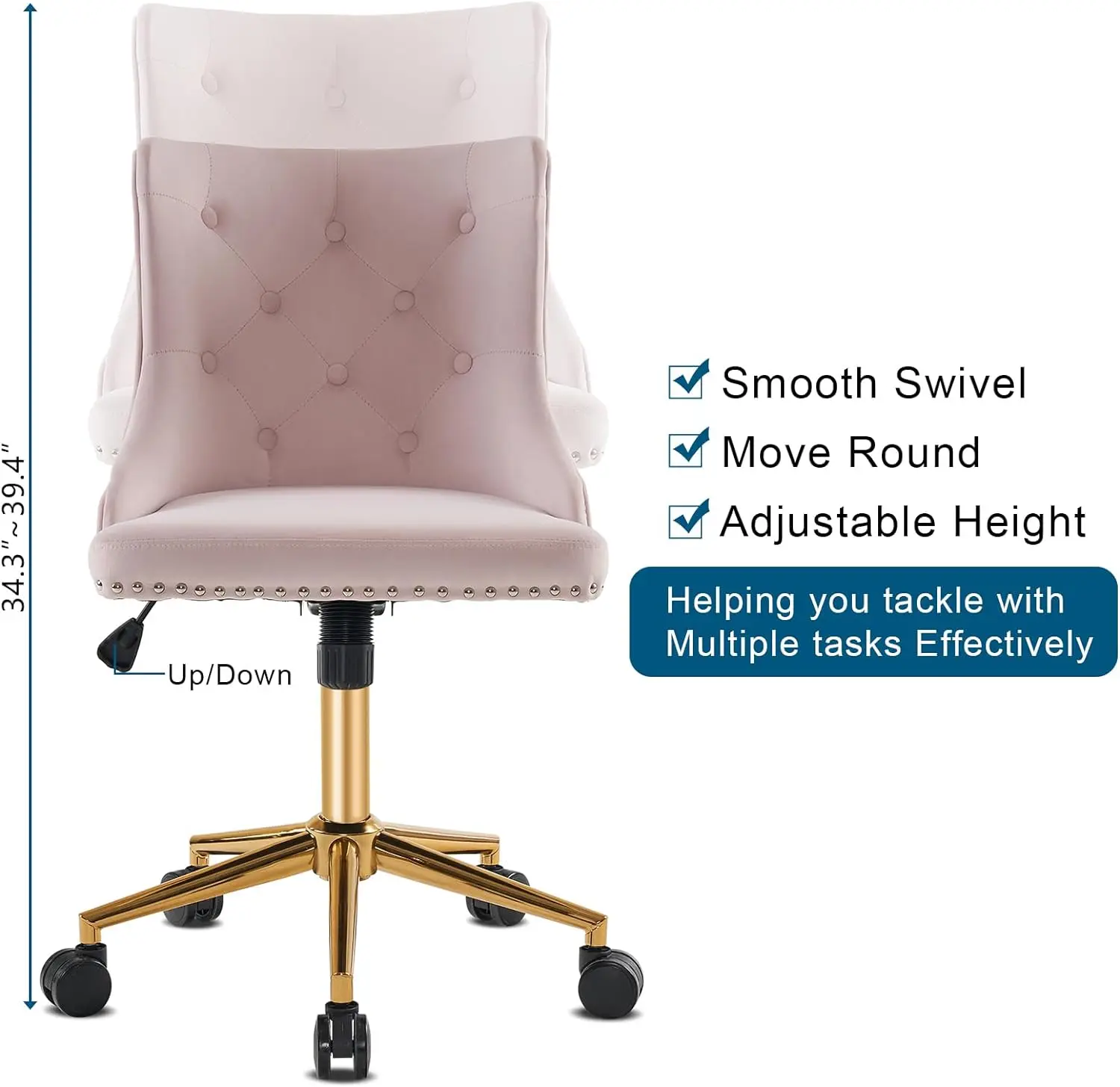 Comfort CornerPink Velvet Armless Desk Chair with Gold Wheels,Vanity/Makeup Chair with Back,Adjustable Rolling Swivel Nail Chair