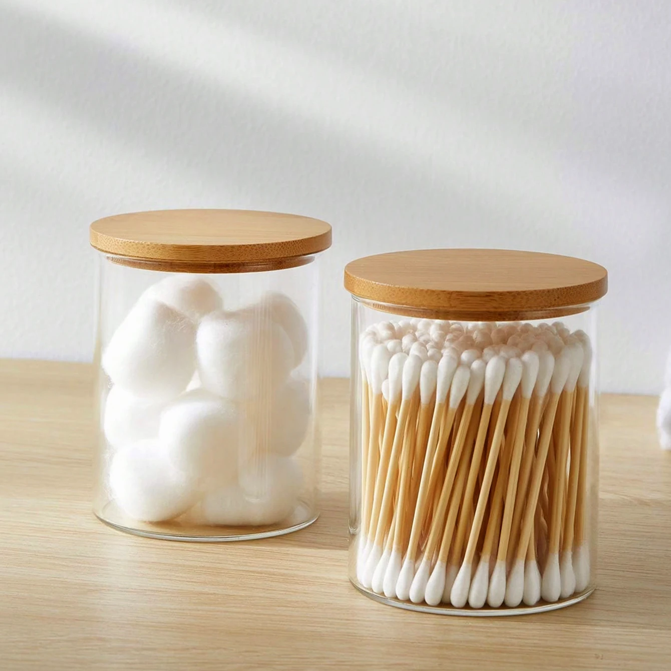 Acrylic Storage Box Bathroom Jar Makeup Organizer Cotton Round Pad Holder Cotton Holder Dispenser with Bamboo Lid Clear Plastic