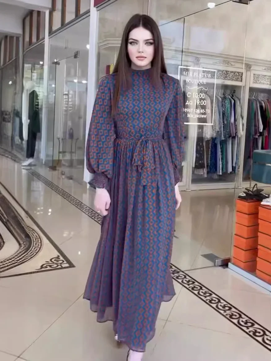 Eid Muslim Vestidos Women Abaya Jalabiya Party Arab Long Robe Print Ramadan Morocco Dubai Abayas Kaftan Islam Lace Up Dresses