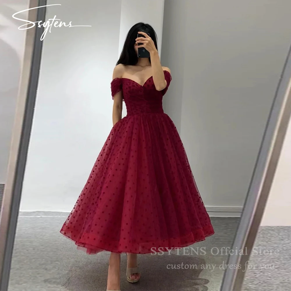 

SSYTENS Elegant Off Shoulder Evening Dresses Burgundy Tulle Sweetheart Ankle Length Party Dress Wedding Party Gowns Customized