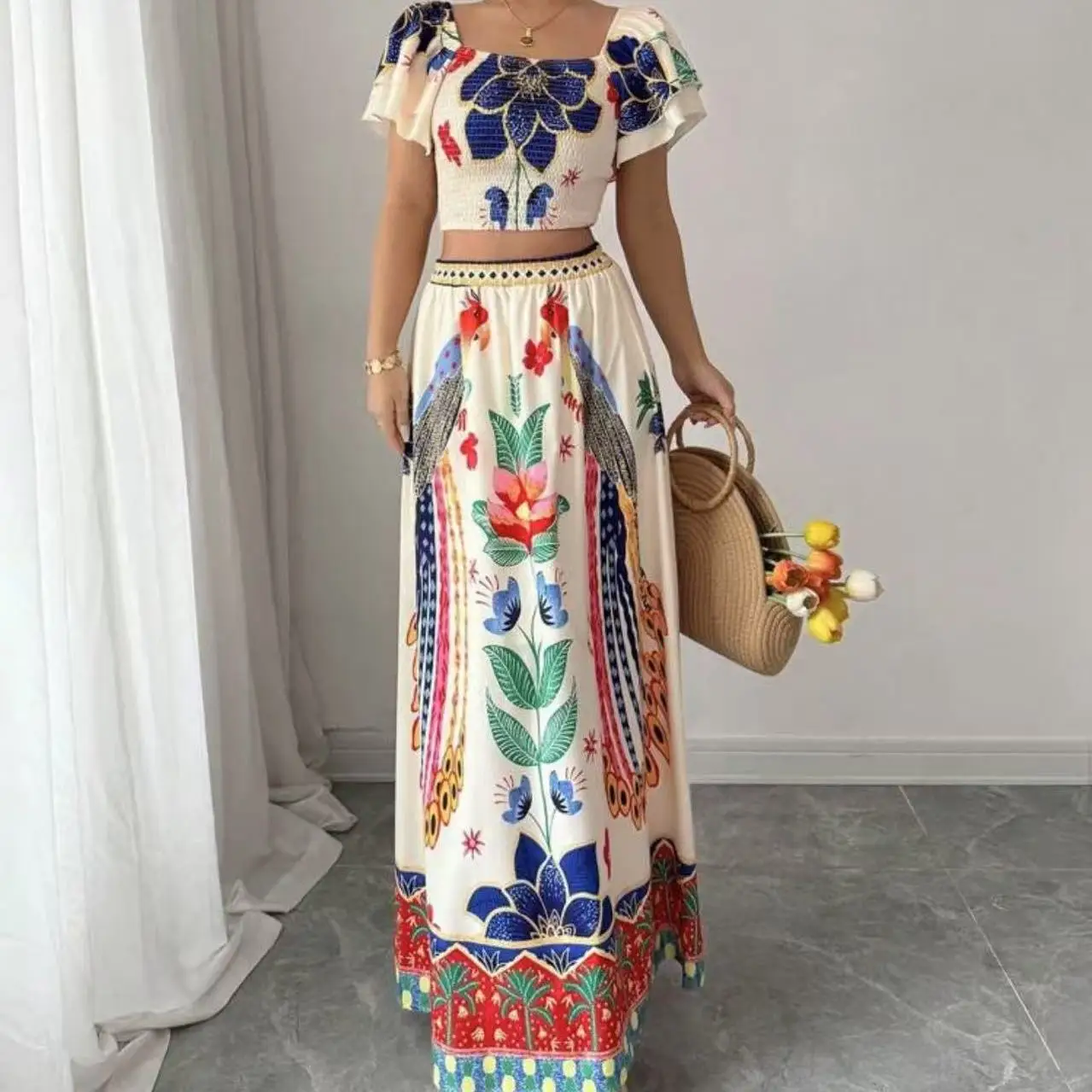 2025 novo verão floral impressão casual vaion feminino ort sve topo saia longa faion conjunto redondo ne pulôver terno de duas peças