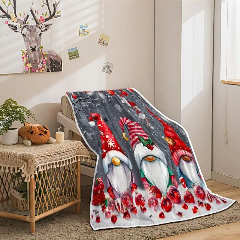 VIKAMA Christmas Gnome Throw Blanket for Bed Cute Tomte Santa Hat Xmas Blanket with Red Ornaments Winter Decor Couch Throw