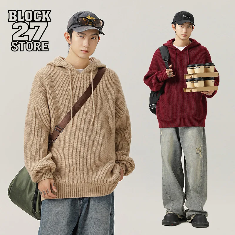 Harajuku النمط الياباني فضفاض بلون محبوك هوديي الرجال الخريف الشتاء جديد قابل للتعديل سترة غير رسمية كسول الشارع الشهير معطف