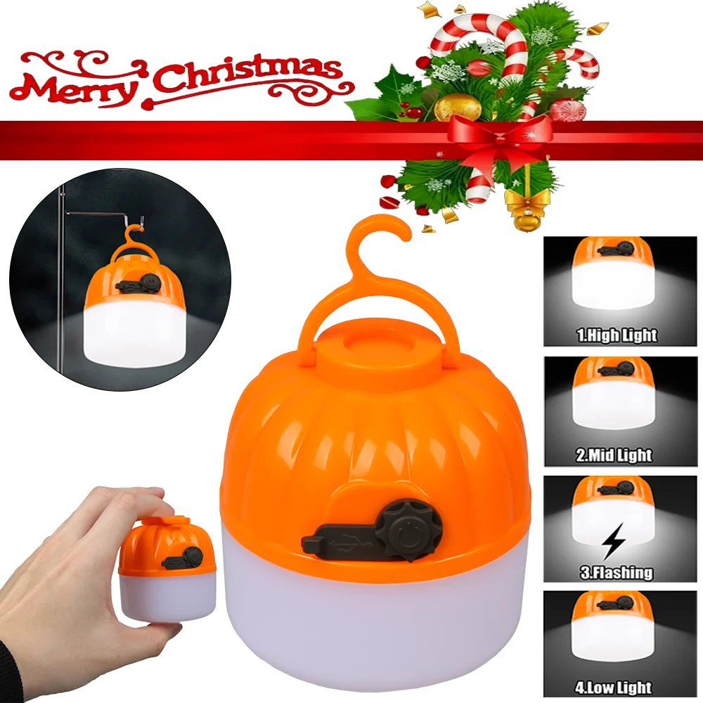 LED Camping Mini Pumpkin Light USB Rechargeable Lantern Protable Tent Light with Hook 4 Modes Outdoor Emergency Floodlight Torch
