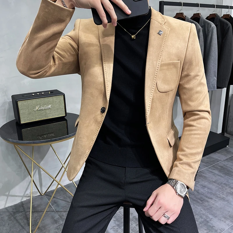 2023 High Quality Blazer Men\'s British Trend Premium Simple Business Elegant Fashion Casual Gentleman Slim Suit Deer Velv Jacket