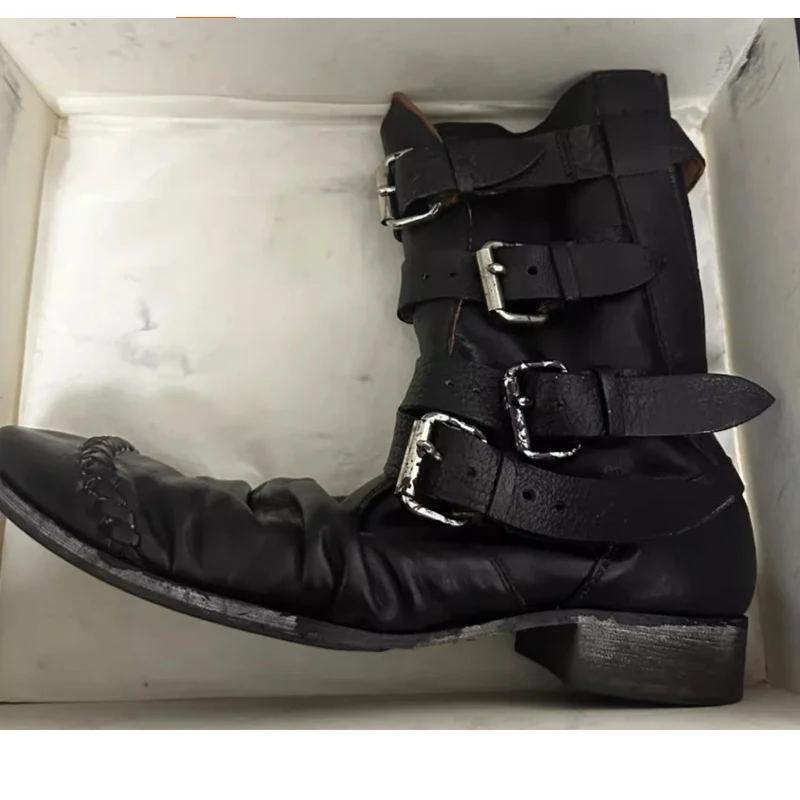 

Black Multiple Buckles Pleated Mid-Calf Boots Woman Winter 2026 Round Toe Chunky Heels Punk Style Biker Boots Knight Boots