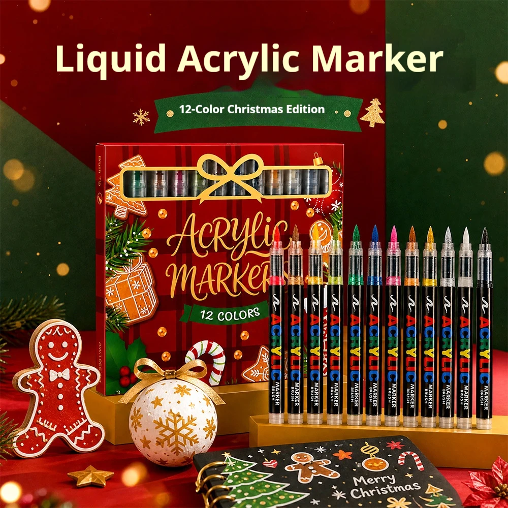 12 Pieces of Randomly Colored Acrylic Markers (a Set of 12) for Christmas Gifts, Children's Drawing, Christmas Cards, Direct Liquid Acrylic Markers, Are a Must-Have Gift for Christmas and Halloween