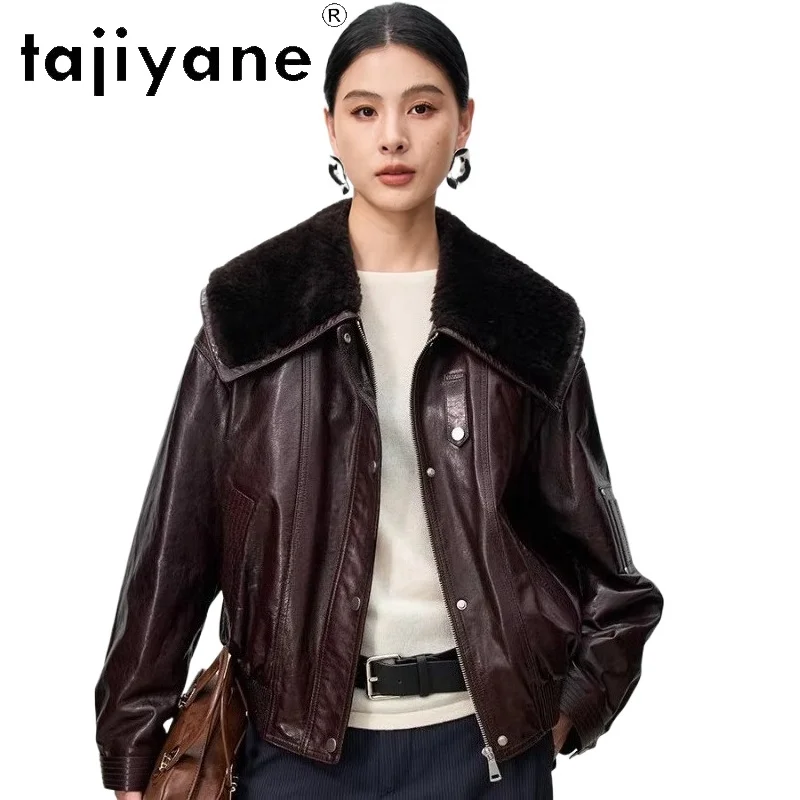 

TAJIYANE маслянисто-восковое пальто на овечьем пуху, женские стильные куртки-пуховики с шерстяным воротником, куртка из натуральной кожи, зимняя одежда 2021, 코트