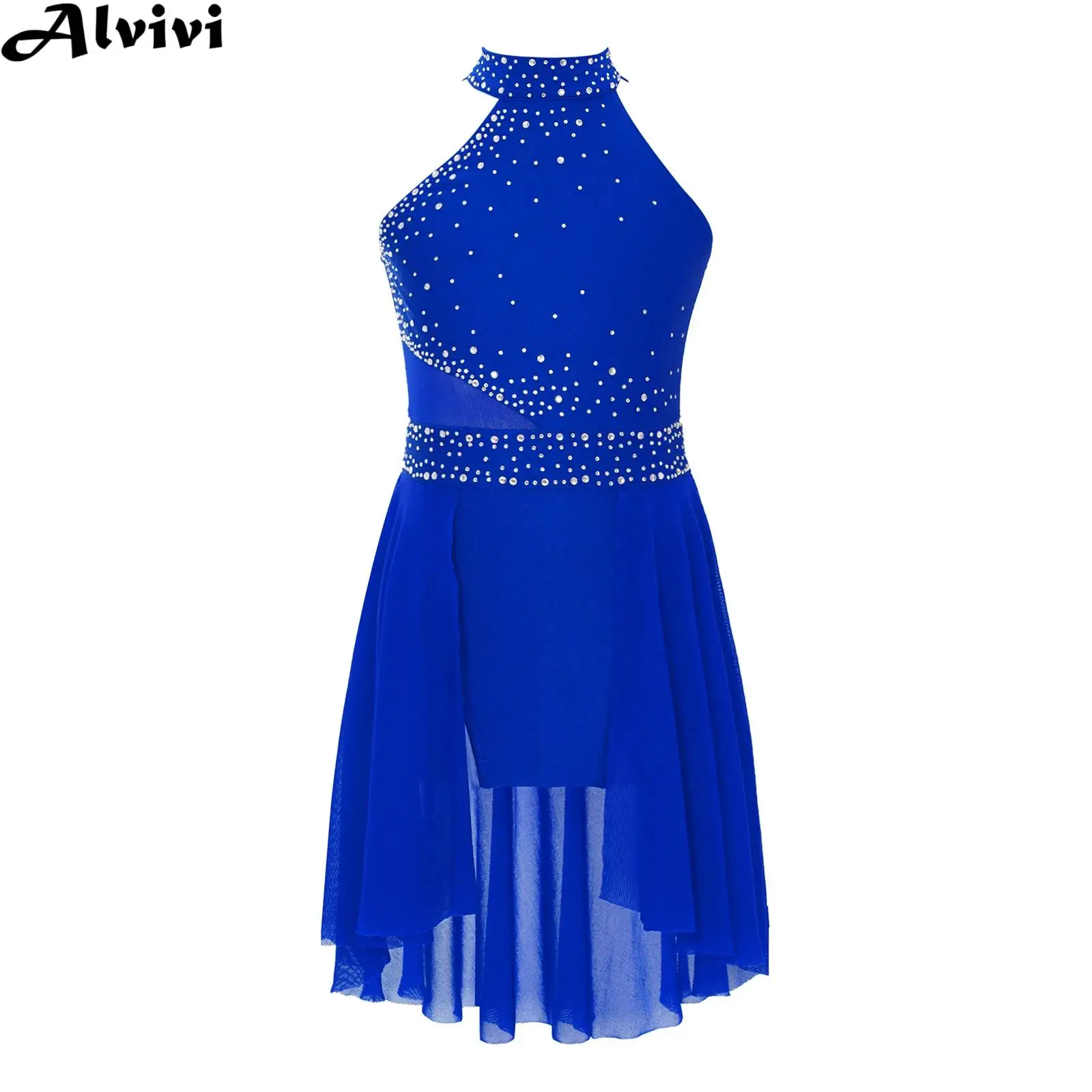 Sem mangas de strass brilhante malha collant tutu para meninas, vestido de patinação artística, ginástica desempenho dancewear, dança lírica, balé