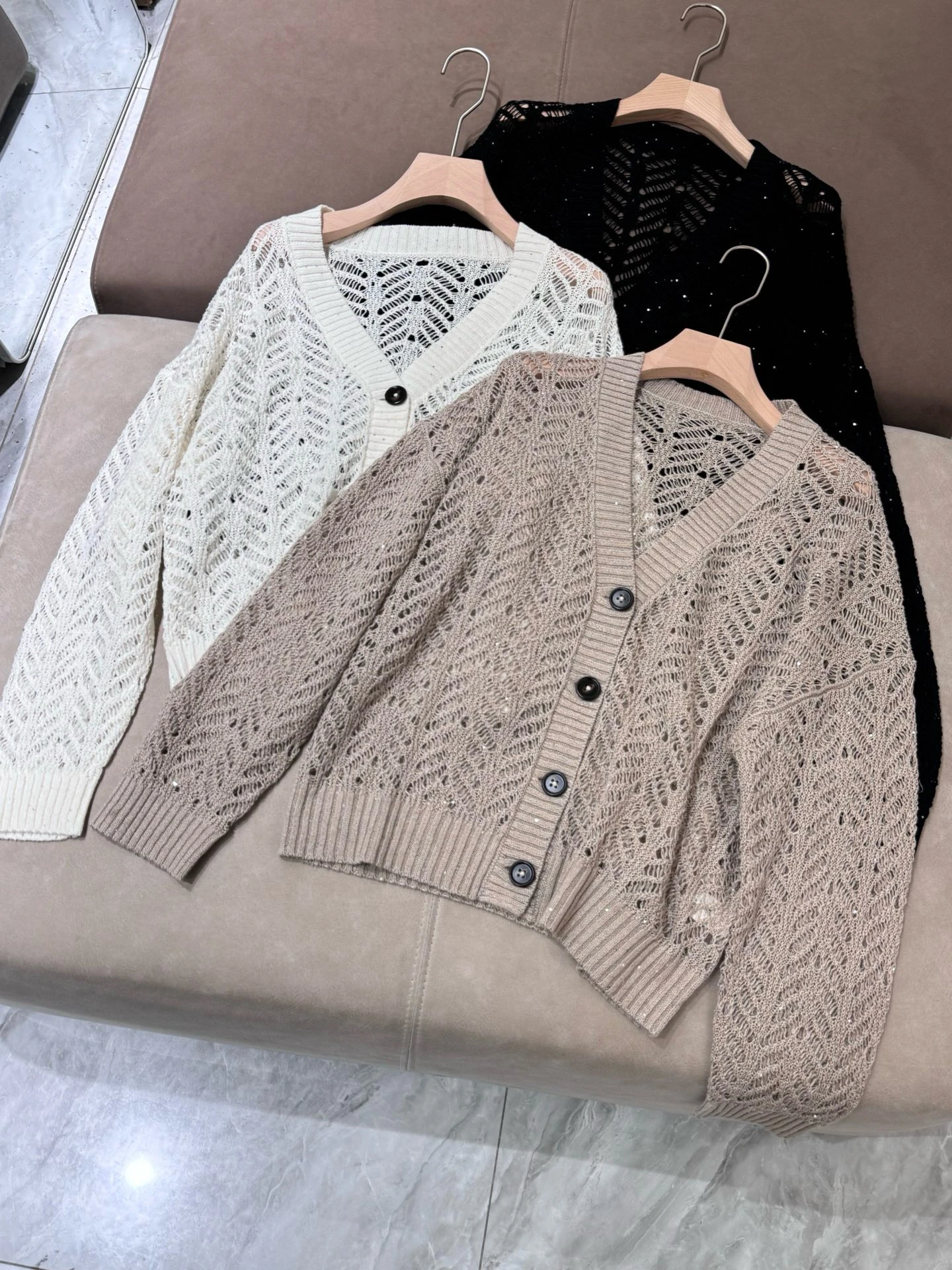 

Linen Bead Knitted V-Ne Hollow out Open Cardigan Casual Versatile Loose Comfortable Women's Long Sve Spring Outerwear