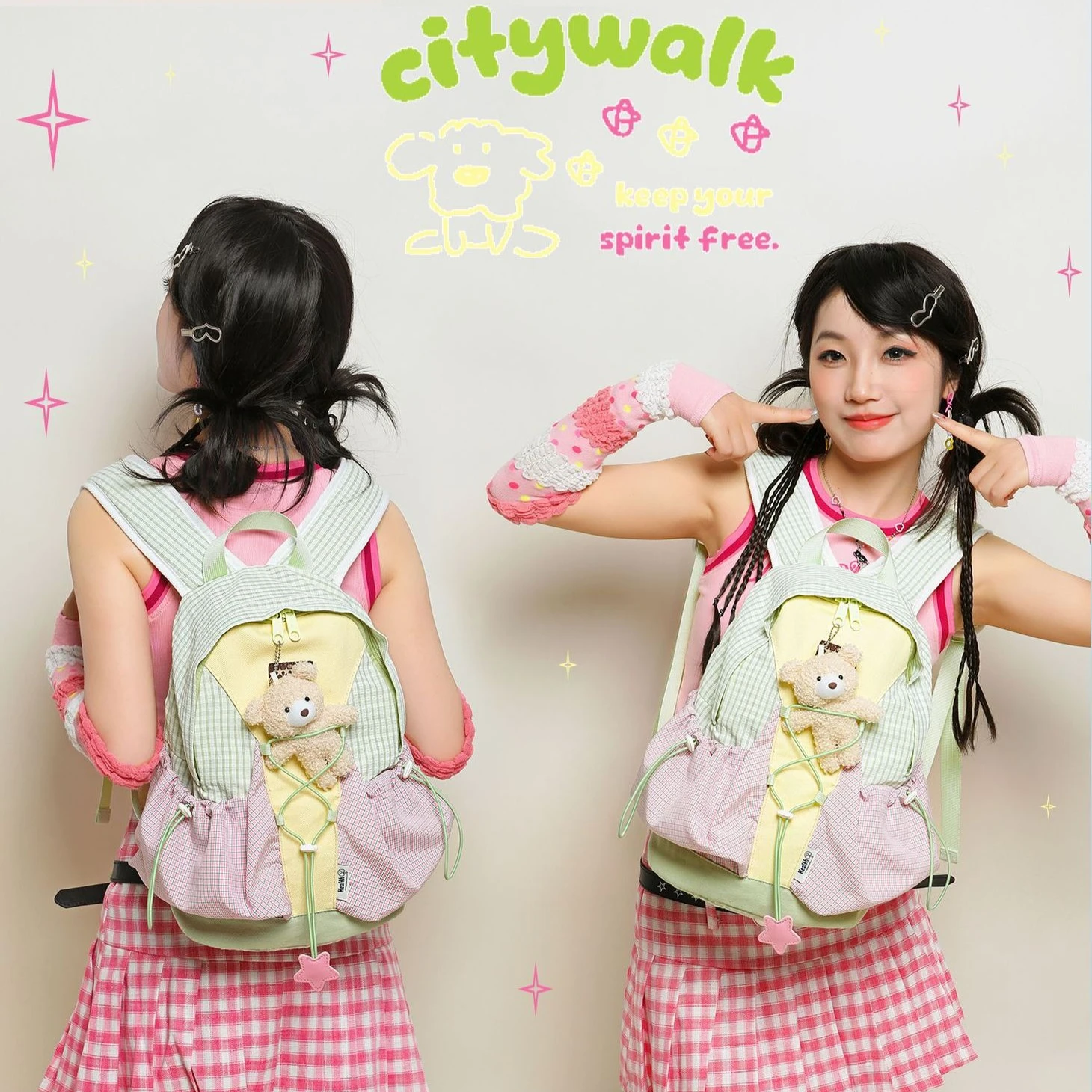 Color-blocked checkered polyester lightweight student schoolbag, cute bear pendant, Kawaii lady backpack
