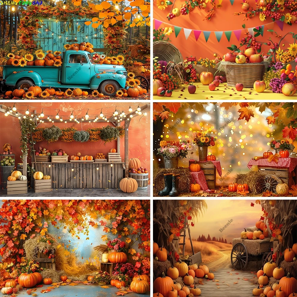 Herbst Hintergrund Herbst Bauernhof Scheune Ahorn Kürbis Heuhaufen Thanksgiving Day Baby Portrait Fotografie Hintergrund Foto Studio