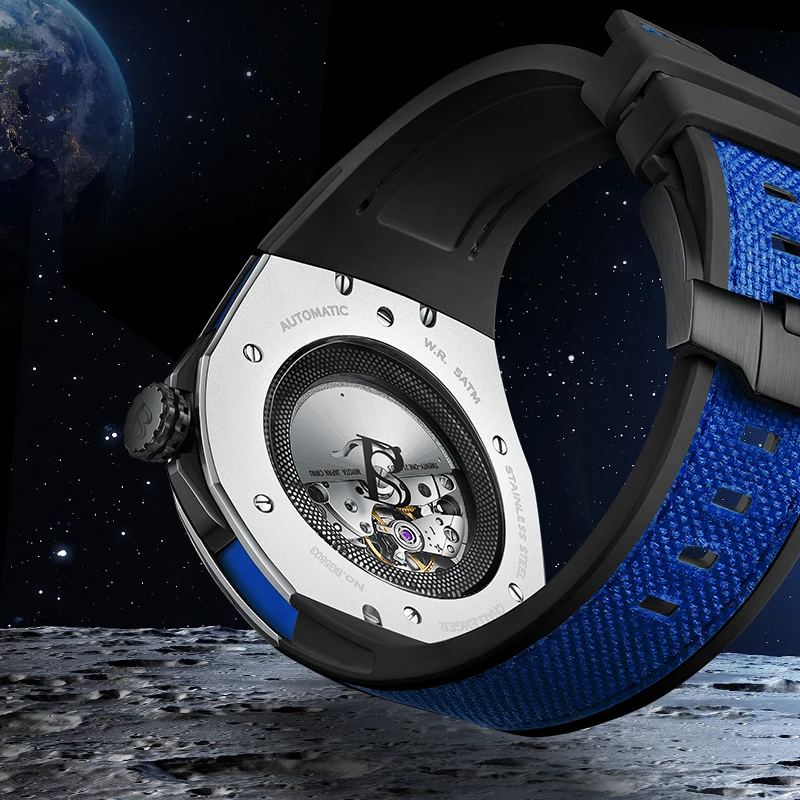 BONEST GATTI 2025 Orologio da polso meccanico da uomo Orologio con movimento automatico Gomma fluoro Cinturino blu Orologio da uomo in cristallo di zaffiro