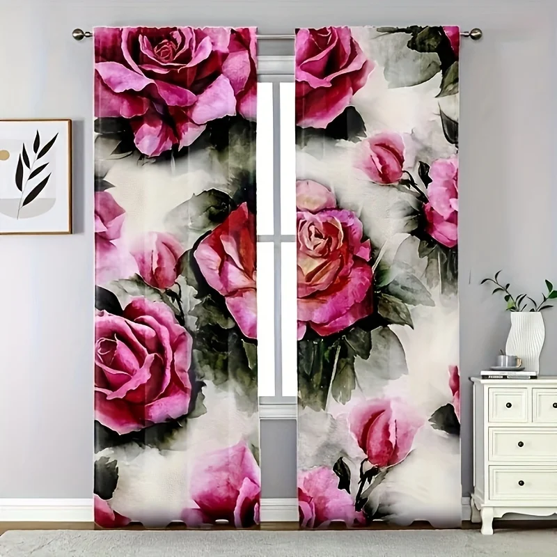 2pcs Home Decor Curtains Red Pink Flower Valentine's Day Curtain Set Rod Pocket Curtain For Kitchen Cafe Living Room Office Home