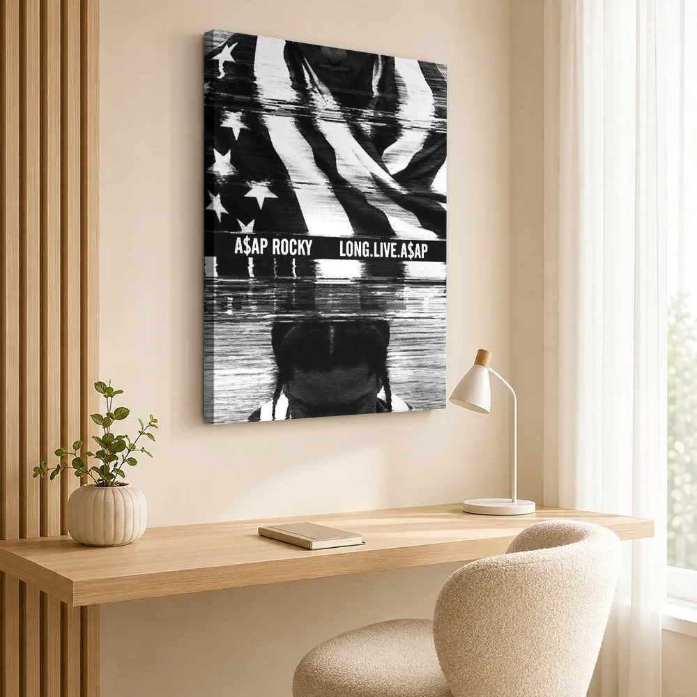 Rapper With Flag Album Portraits Framed Canvas Poster Customized Photo Layered Monochrome Cutouts Wall Art For Recording Studio