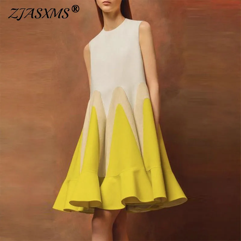 Elegancka sukienka mini w kontrastowych kolorach z falbankami, damska, codzienna, w stylu bohemy, bez rękawów, w kształcie litery A, na studniówkę, wiosenna, luźna, na wakacje.