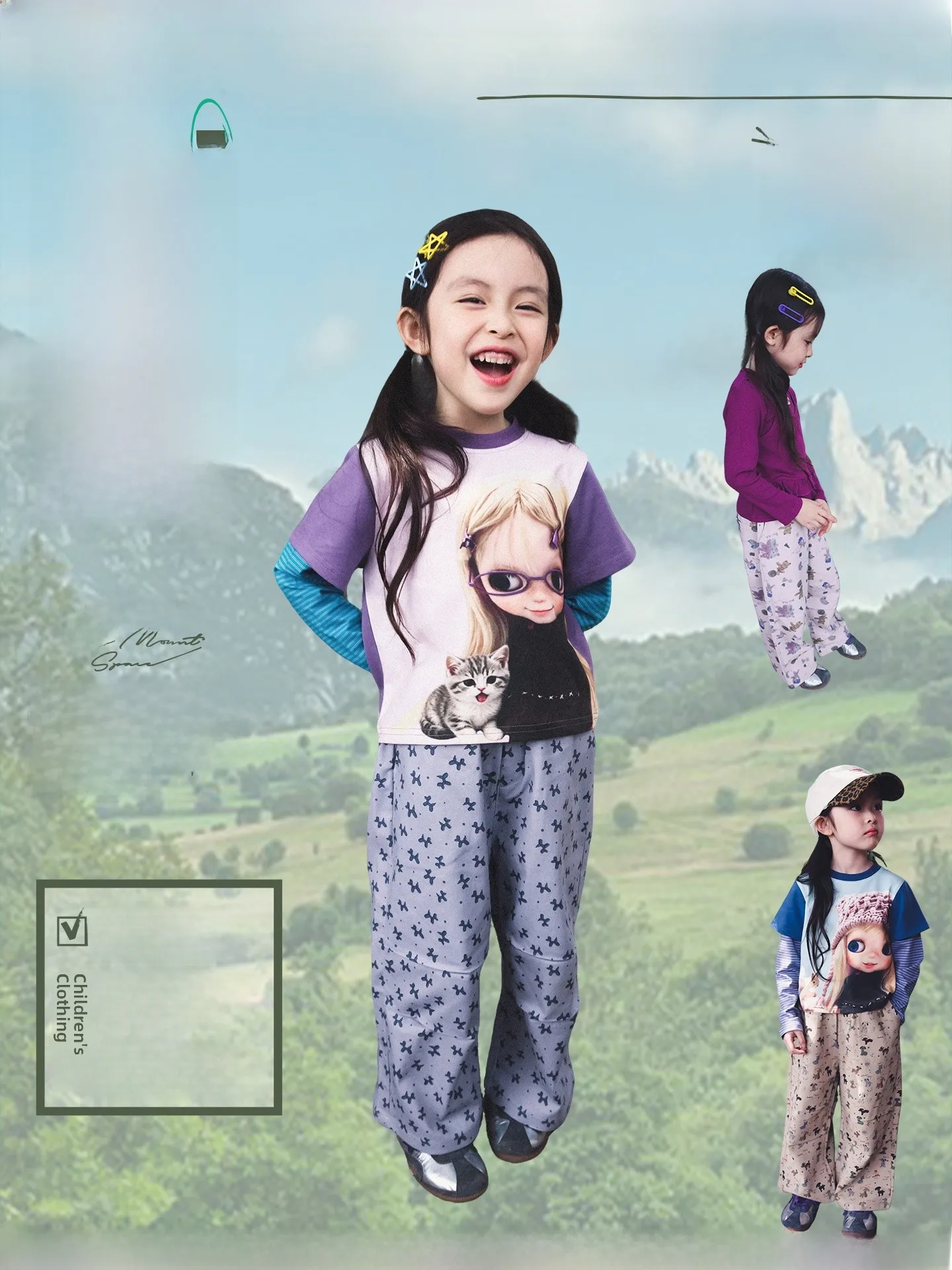 Outdoor Children's Casual Long Pants Straight Leg Pants for Girls Printed All-Match Autumn New Style Comfortable Cotton Trousers