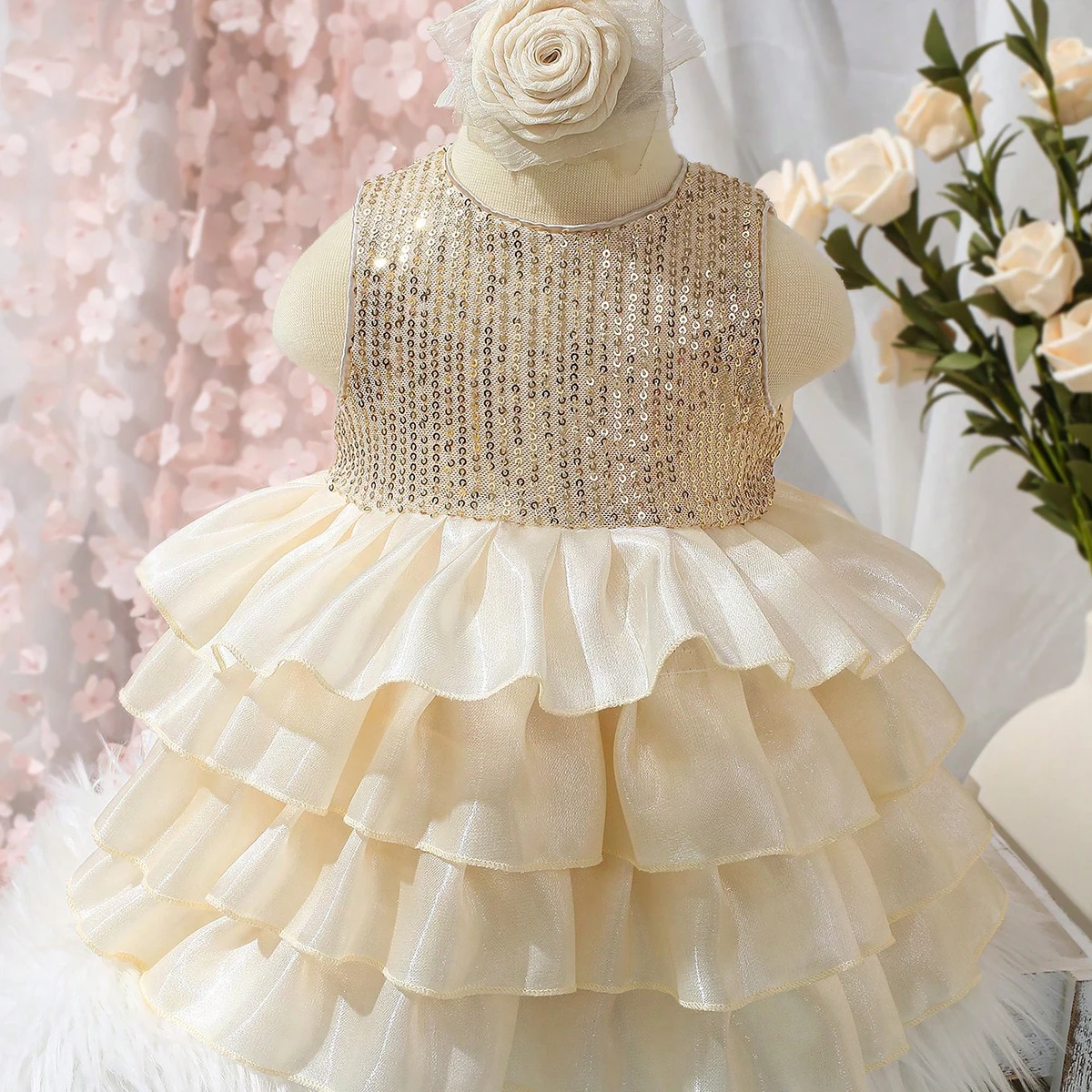 فستان حفلات للفتيات حديثي الولادة من Ylsteed لالتقاط الصور فستان توتو لامع مع عصابة رأس على شكل زهور وردية للتصوير الفوتوغرافي للفتيات الصغيرات O #3