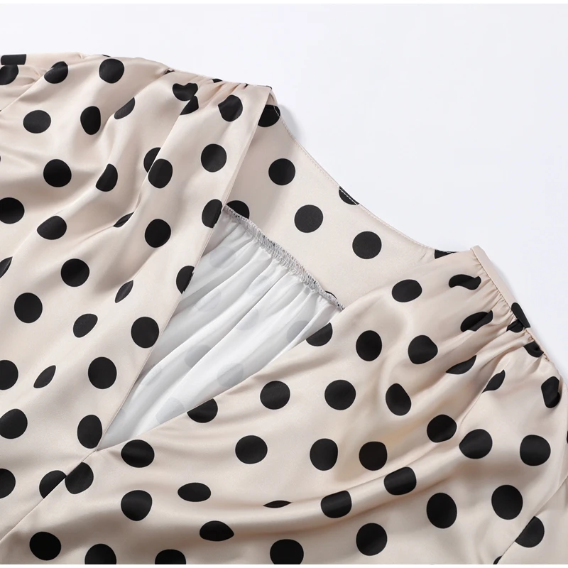 Damen Polka Dot Maxikleid mit Gürtel, tiefem V-Ausschnitt, langen Ärmeln, Satin-Kleider, Frühjahr 2026, lässige Alltags- und Abendgarderobe, schicke Robe – Detail 9