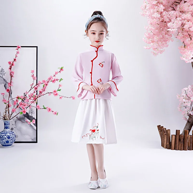 

Girls Han Suit Spring and Autumn Clothes Embroidered Long Sleeves Chinese Style Tang Costumes Performance Clothes New