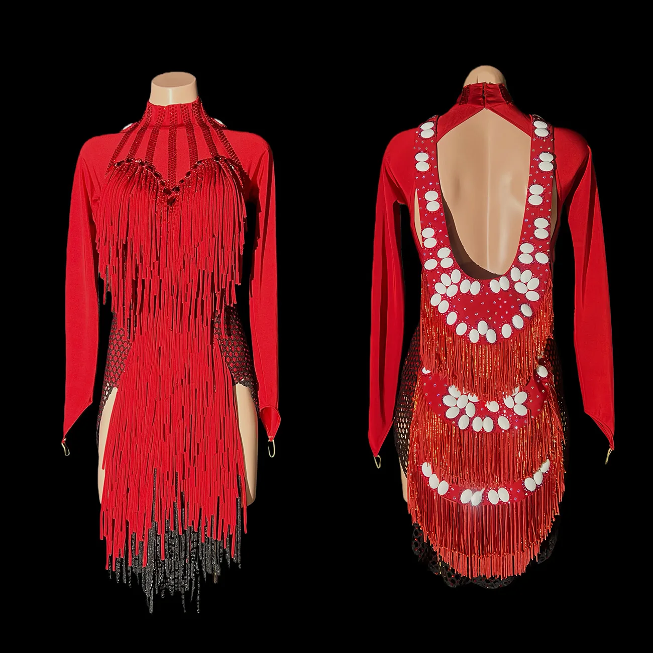 

Latin Dance AB Stone Female Adult Children's High end Customized Big Red Two tone Tassel Dress Black Pool Samba Dress