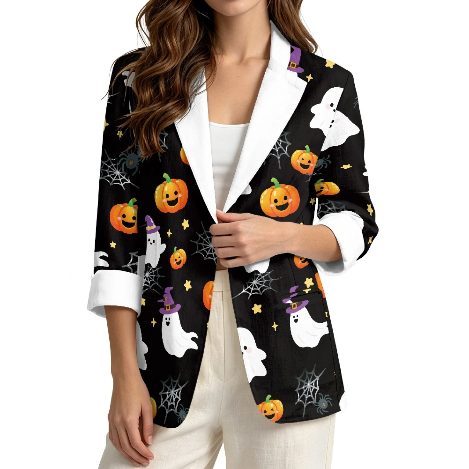 PENSTROLL Halloween Linen Style Open Front Jacket Open Front Top for Women Loose Dressy Tops