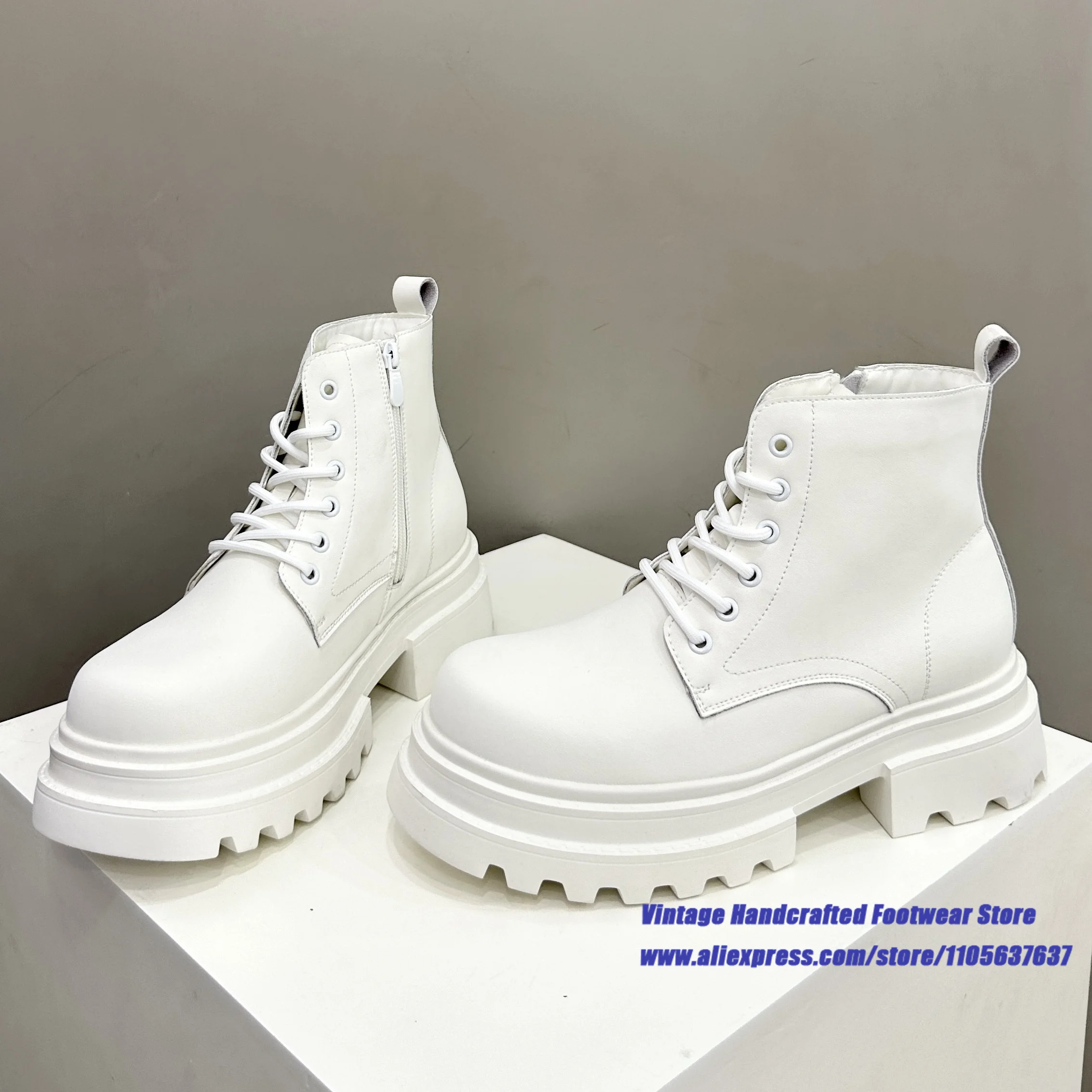 White Leather Side Zipper Men's Chelsea Boots Round Toe Lace Up Ankle Booties ﻿Luxury Designer Vintage Handcrafted Men's Boots