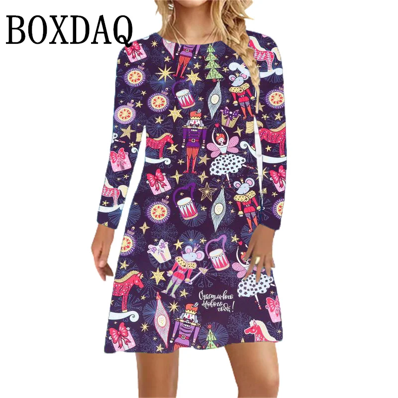 Fashion Christmas Print Women Dress 2024 New Autumn Winter Long Sleeve O-Neck Loose Casual A-Line Dress Ladies Cute Cartoon Dres