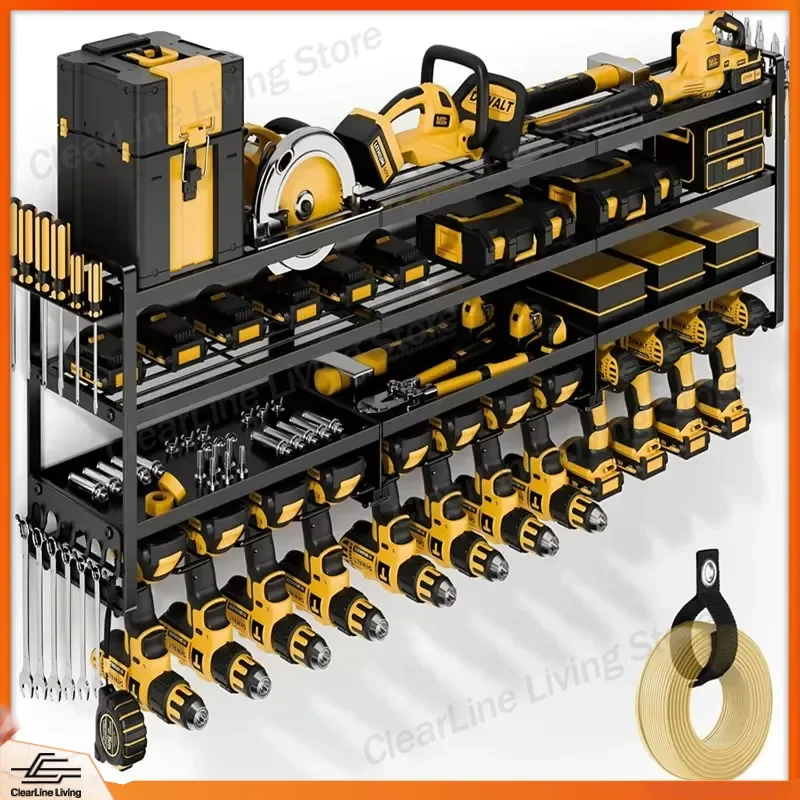 Large Power Tool Organizer Wall Mount Heavy Duty 4 Tier 12 Drills Holder Tool Storage Battery Shelf for Workshop Shed