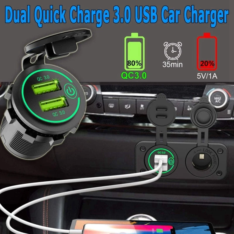 2X QC 3.0 Dual USB Car Charger C-Igarette Lighter Socket 12V Fast Charger With Contact Switch For Boat Motorcycle Truck