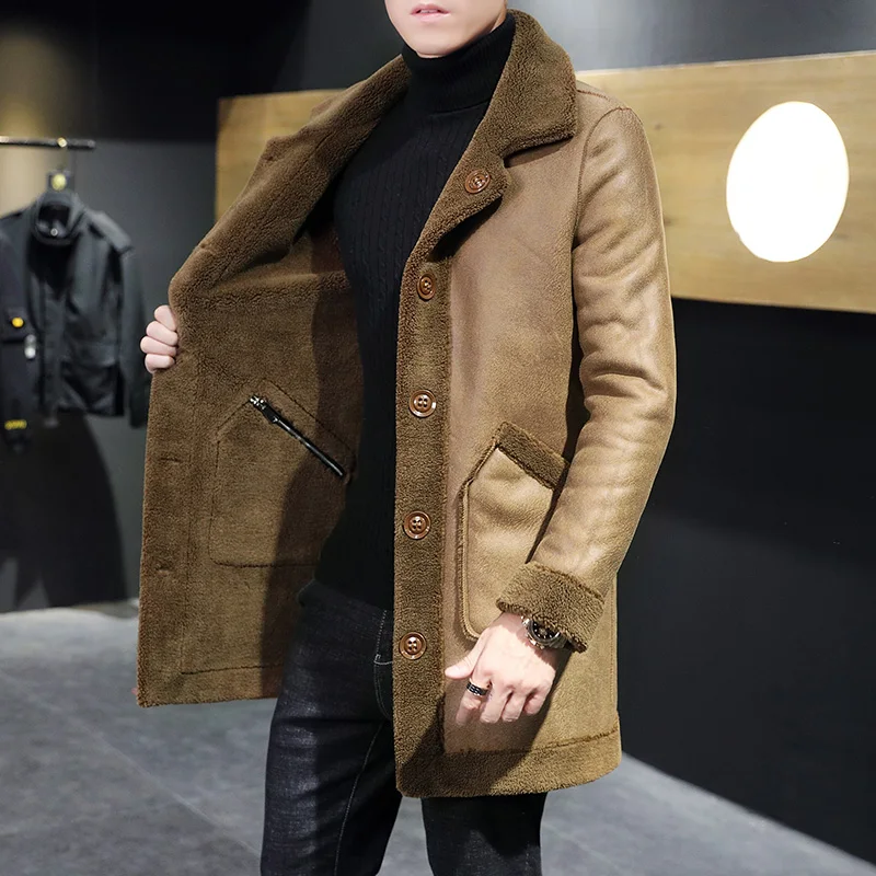 Casual Men\'s Plush Thicken Windbreaker Jackets Winter Outwear Double Side Wearable Warm Top Overcoat Mid-Length Fur Fleece Coats