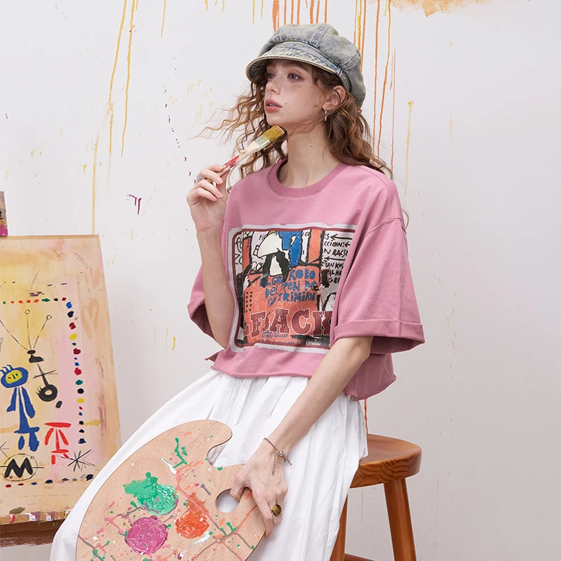 ELFSACK Cropped T-Shirt with Vintage Cartoon Print for Women