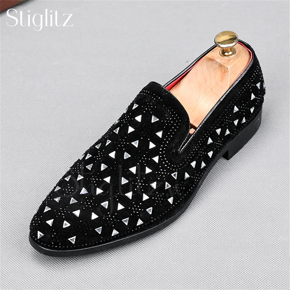 

Rivet Rhinestone Luxury Loafers for Men Slip on Designer Style Shoes Black Suede Dress Shoes Fashionable Dance Shoes for Wedding