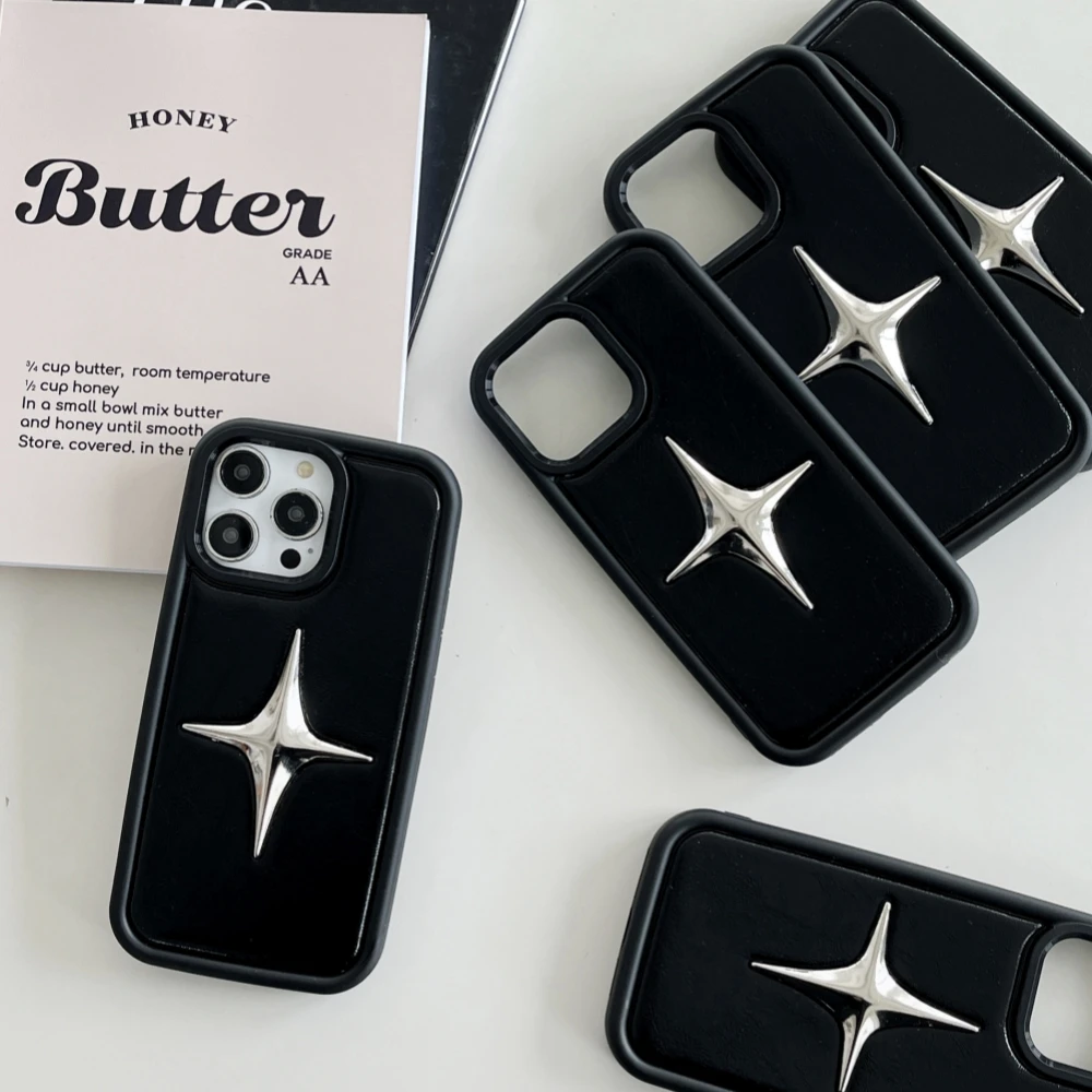 Luxury Metal Star PU Leather Phone Case For iPhone 16 15 14 13 17 Pro Max 15pro 14Pro Shockproof Cover Men Women Stylish Cases