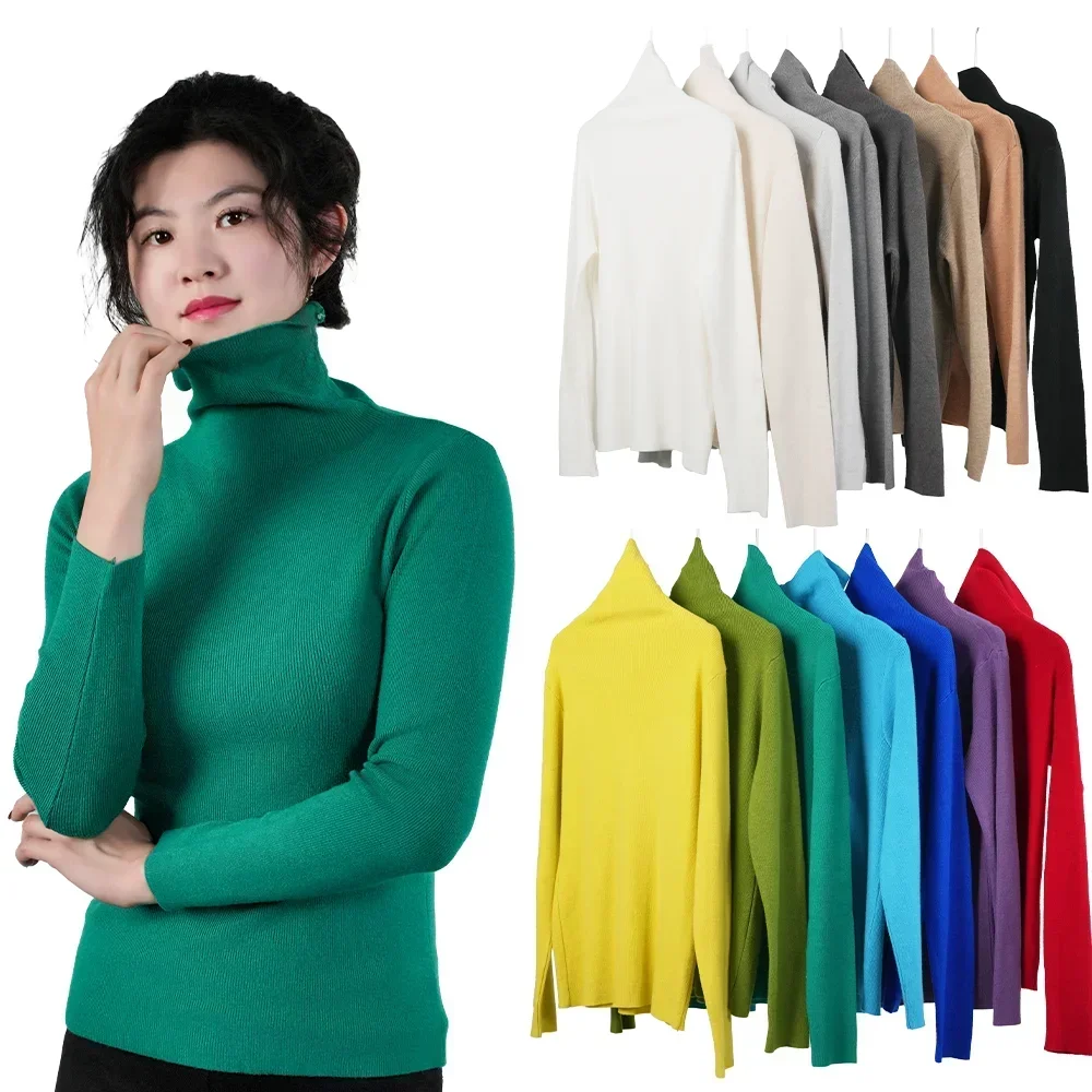 2025 Women Pullovers Turtleneck Sweater Solid Color Pile Neck Knitwear Autumn Winter Warm Jumper Tops Pull Femme Christmas Gift