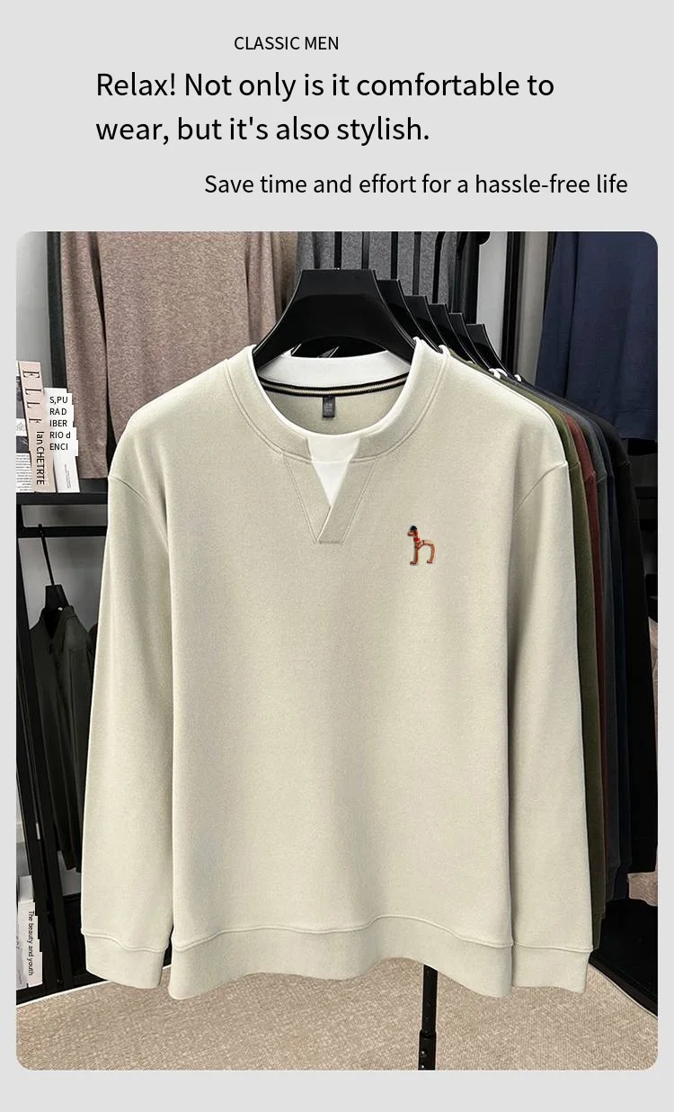 Hochwertiges Herren-Langarm-T-Shirt mit Rundhalsausschnitt, Zweiteiler-Optik, Farbblockierung, Besticktes T-Shirt, Modischer Trend in Herrenbekleidung – Detail 2