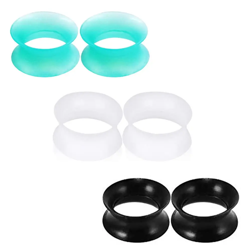 3 Pairs Black/Luminous/Cyan Thin Silicone Double Flared Flexible Tunnels Ear Skin Stretcher Plugs Gauges Kit Piercing Jewelry
