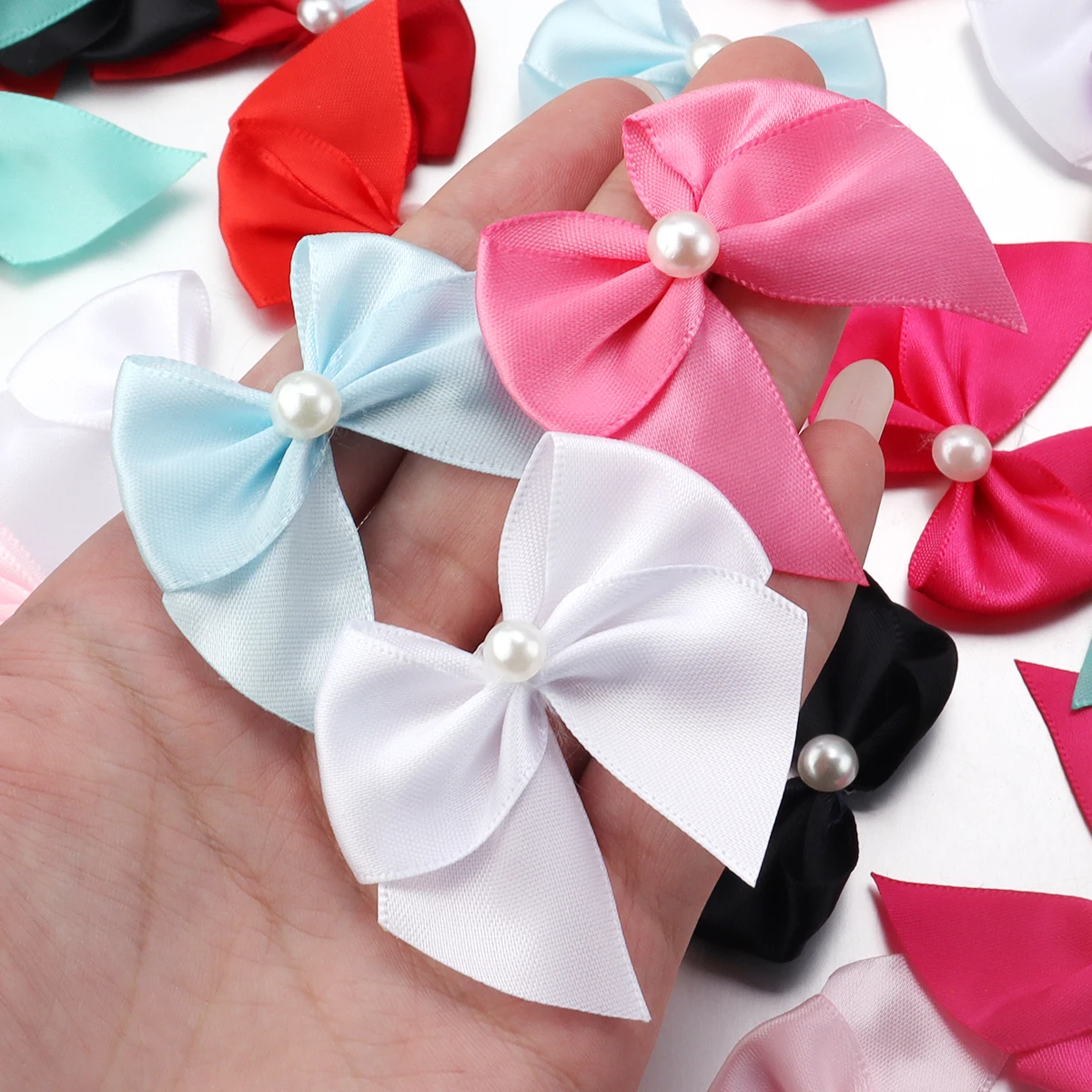 20Pcs/Lot 5.5*6cm Polyester Satin Ribbon Bows With Half Round Bead Handmade For DIY Sewing Crafts Handwork Party Wedding Decor