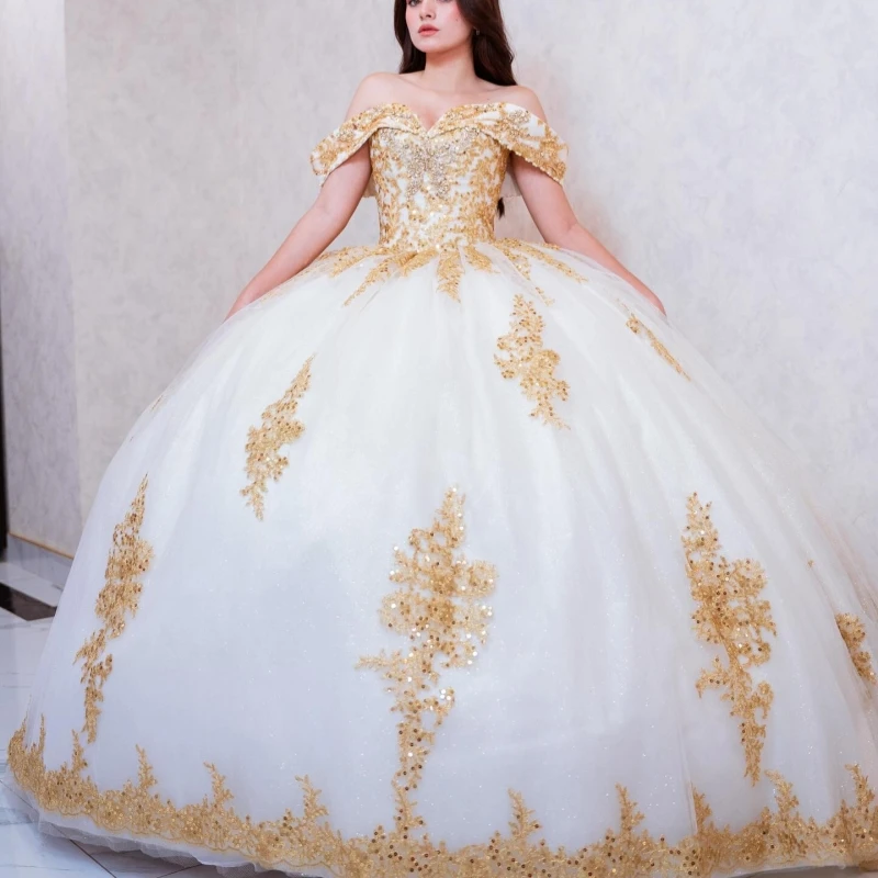 

White Shiny Quinceanera Dresses Off The Shoulder Gold Applique Lace Beading Crystal Tull Party Birthday Sweet 16 Dress Vestidos