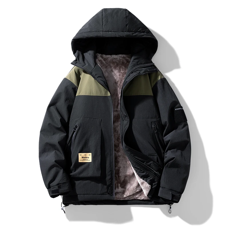 

Men's Windproof Down Jacket Men Hooded Fleece Thickened Warm Large-sized Loose and Trendy Workwear for Autumn and Winter Outdoor