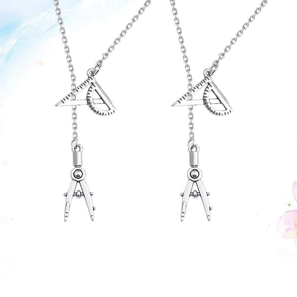 

2Pcs Creative Compasses Ruler Necklace Alloy Pendent Exquisite Engineer Student Jewelry Gift Durable Not Fade Creative Necklace