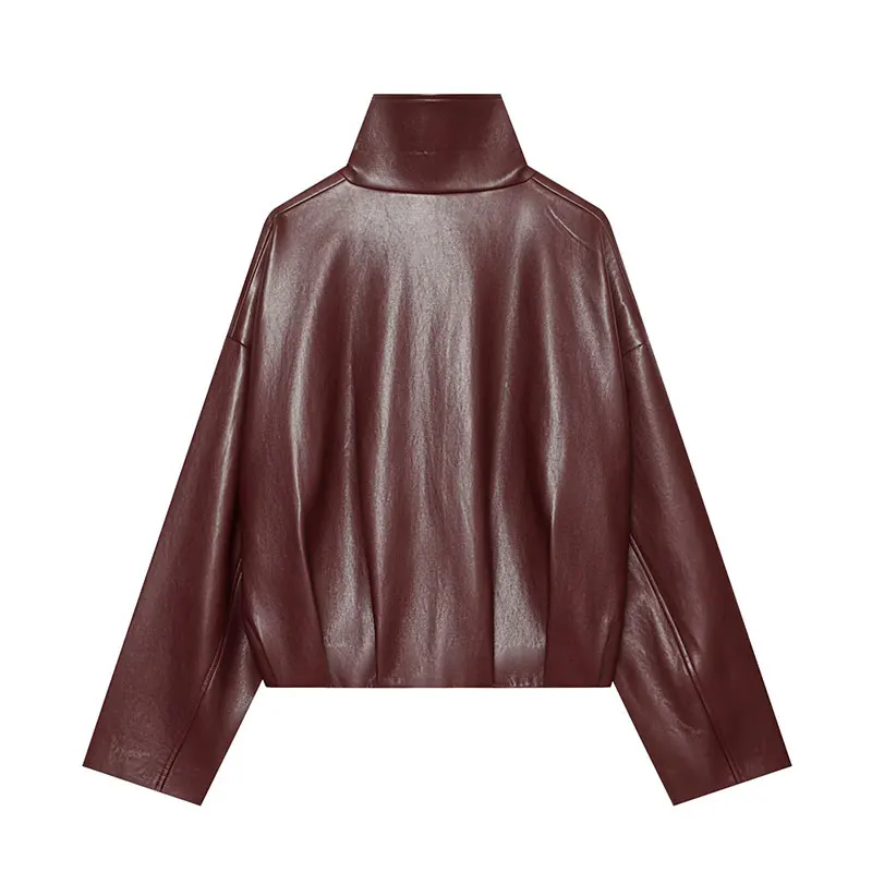 NLZGMSJ Casual Chic Faux Leather Bomber Jacket Solid Zipper Turtleneck Long Sleeve Short Coats Fashion 2026 Autumn Coats