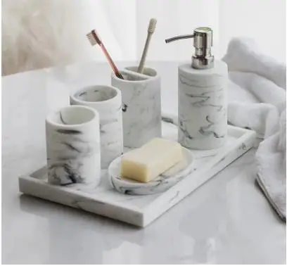 Nordic Marble Pattern Bathroom Set Kit Washroom Accessories Resin Toothbrush Holder Tooth Glass Soap Dishes Dispenser Tray